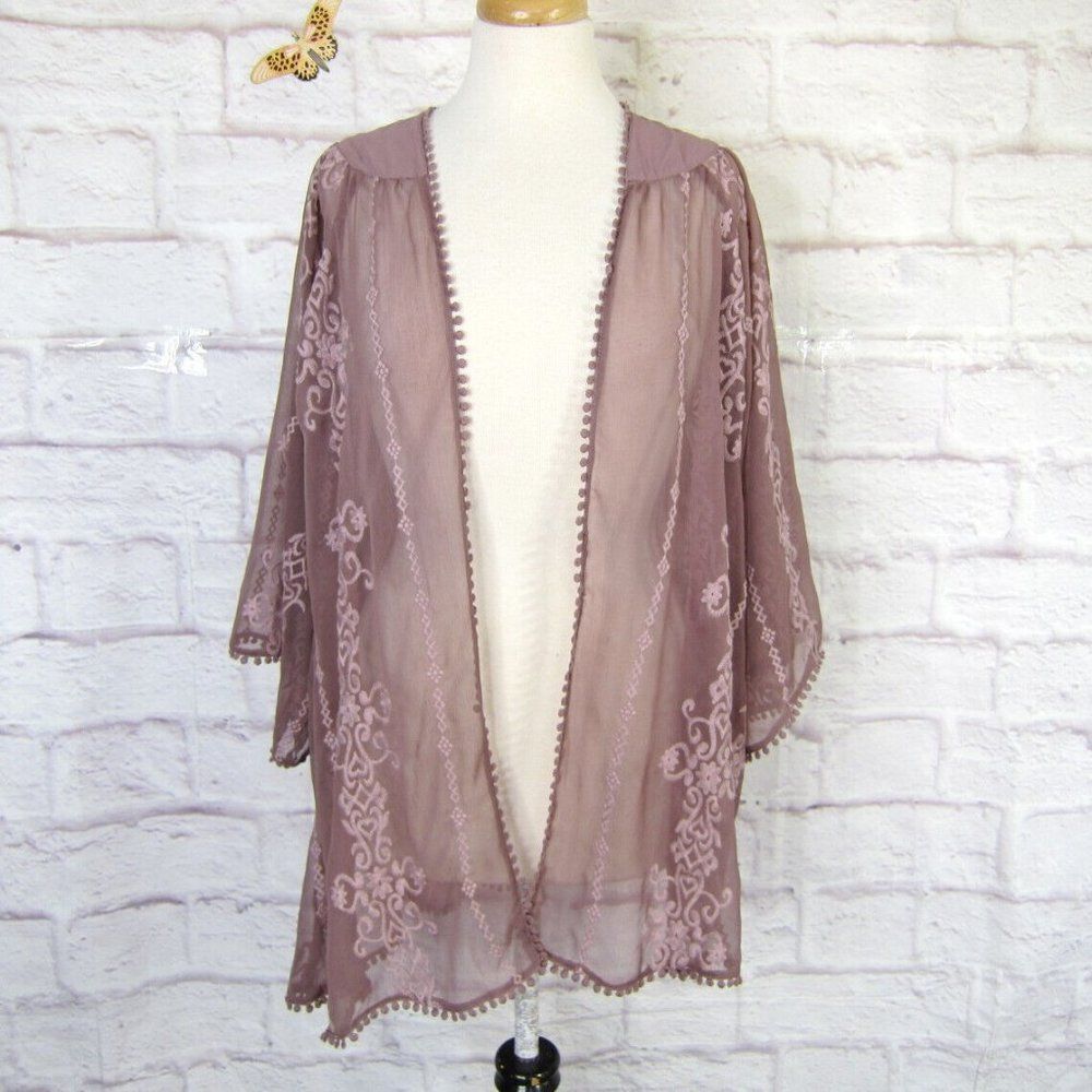 Kimchi Blue Women's size L Blush Pink Embroidered Lace Sheer Open Front Cardigan